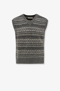 Gray knit vest with v-neck and white and dark gray geometric bands from dunst unisex crafted vest grey collection