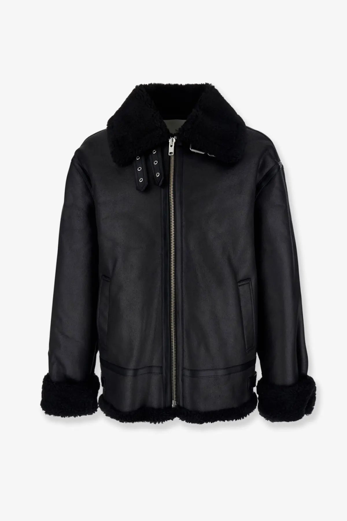 Black dunst unisex eco shearling bomber jacket with plush fur-lined collar and cuffs