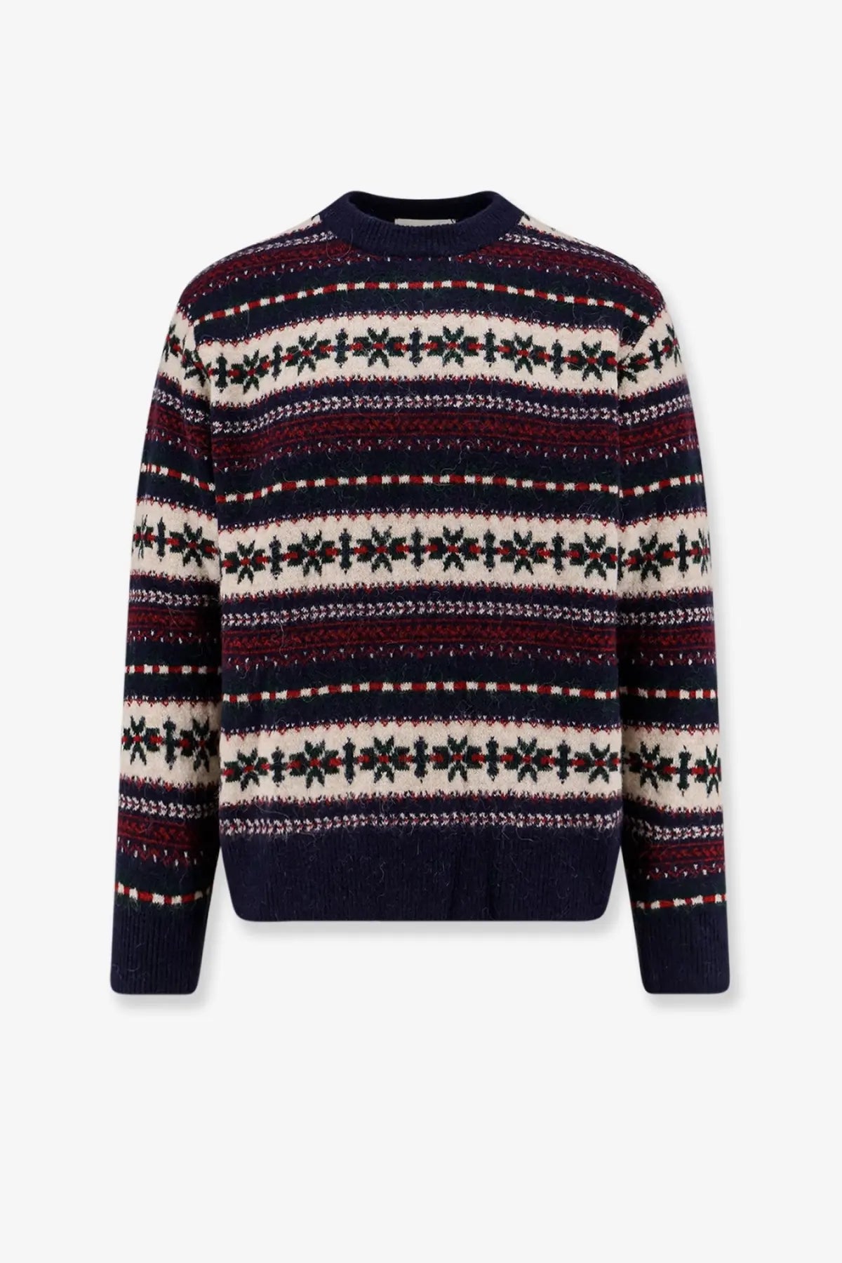 Dunst unisex fairisle sweater in navy blue wool with burgundy cream stripes and green snowflake pattern