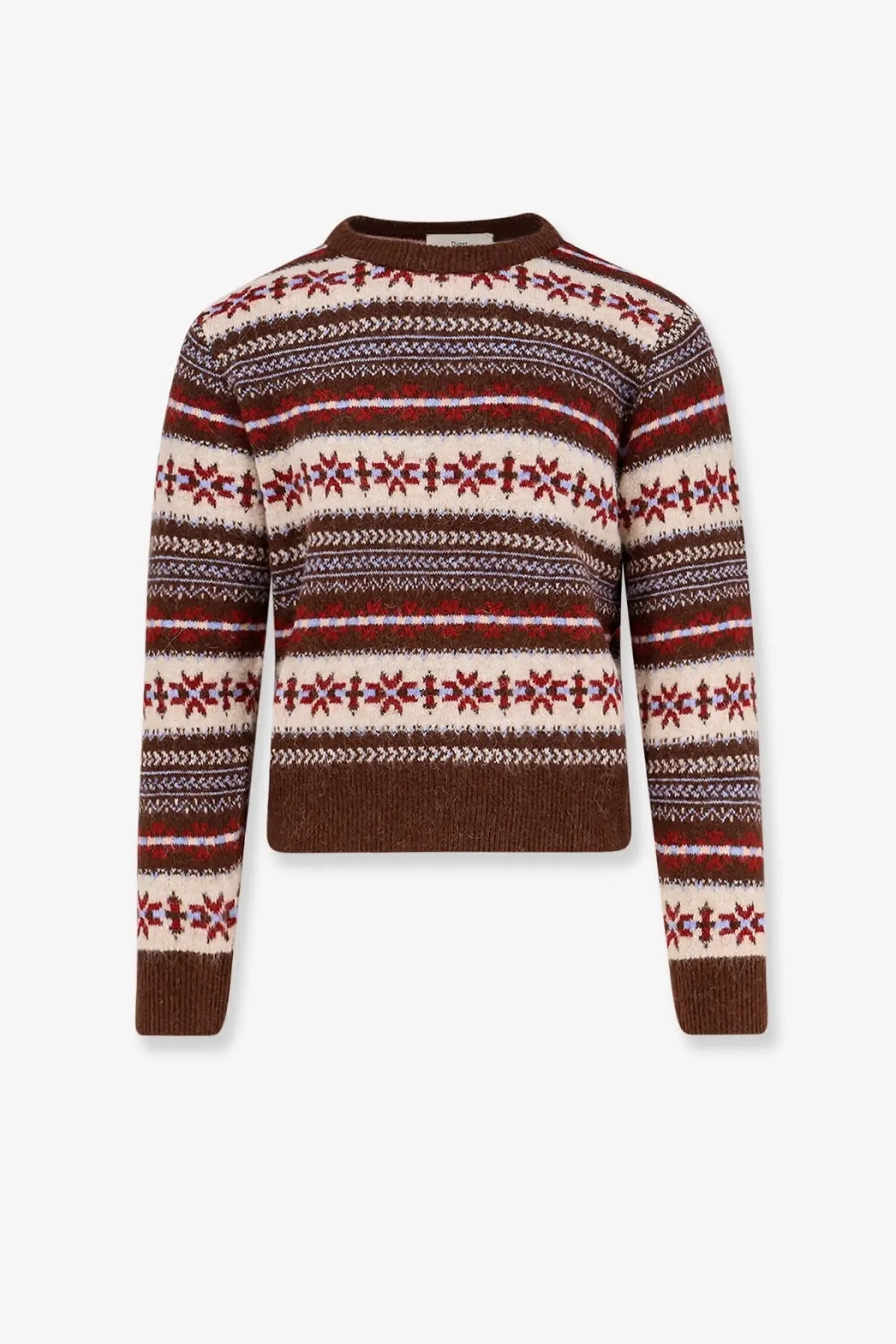 DUNST unisex fairisle wool blend sweater brown with cozy cream and burgundy stripes and red snowflake motifs