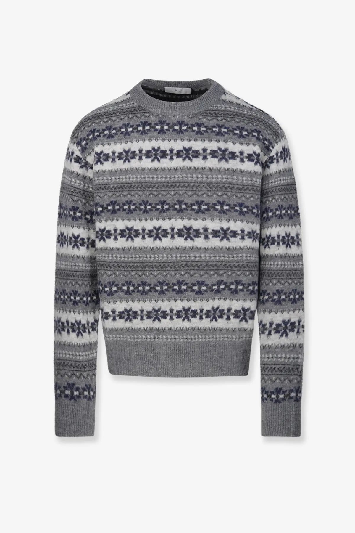 DUNST unisex Fairisle wool blend sweater in grey with dark blue snowflake knit patterns and classic crew neck design