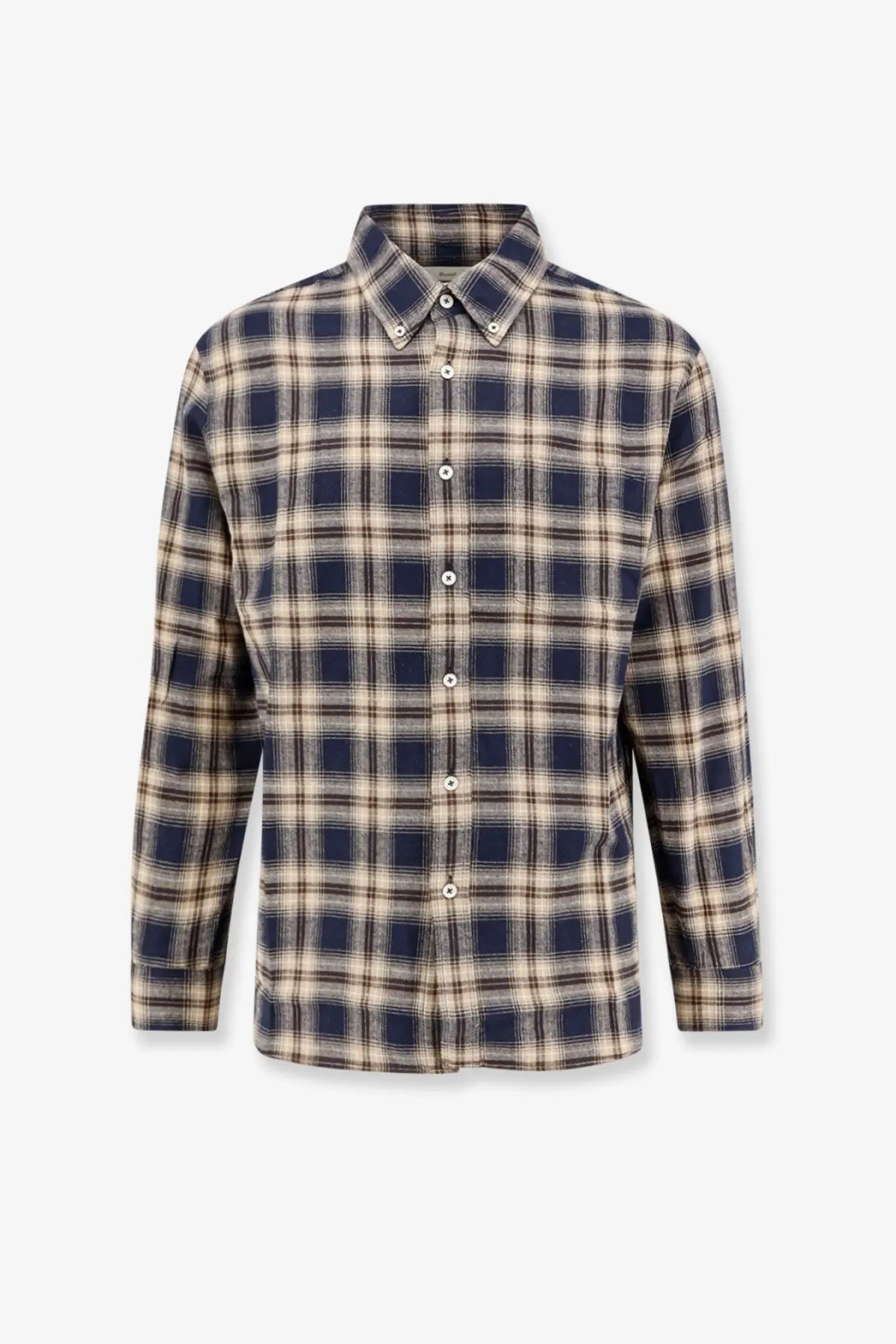 DUNST unisex flannel shirt blue with navy and beige plaid long sleeves and classic collar button-up design