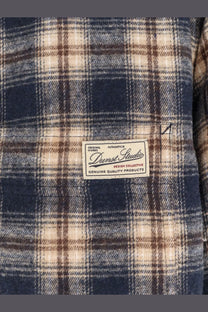 Dunst unisex madras pattern flannel jacket in navy blue and beige plaid with a white darnst studio label on the chest