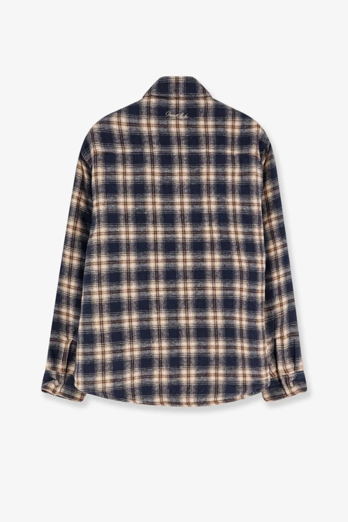 DUNST unisex madras pattern flannel jacket blue featuring navy and beige plaid soft textured fabric