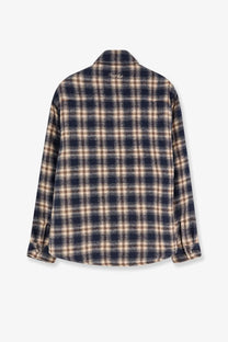 DUNST unisex madras pattern flannel jacket in navy and beige plaid with soft textured fabric