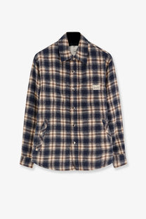 Dunst unisex madras pattern flannel jacket blue in navy and beige plaid with classic collar and front pockets