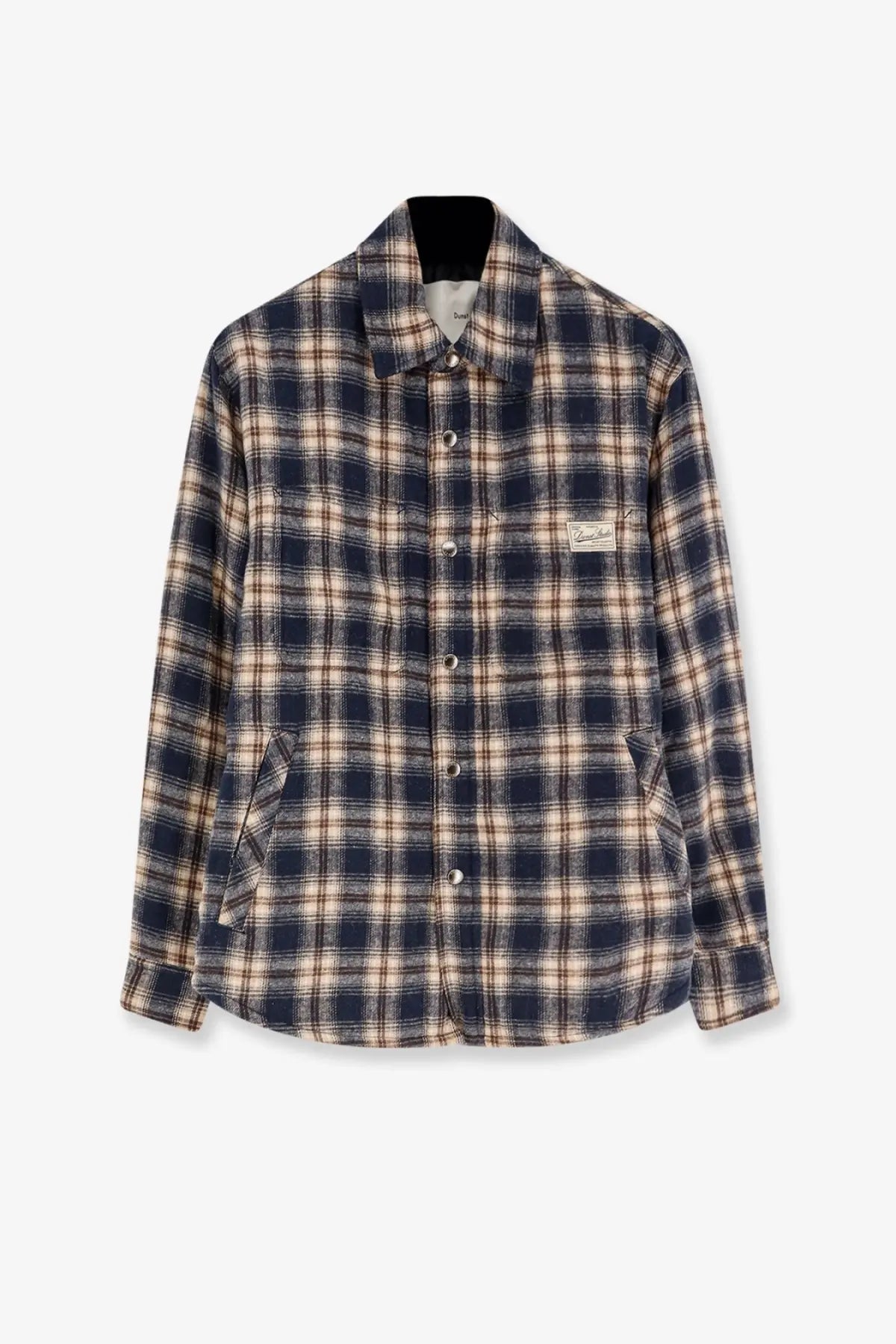 DUNST unisex madras pattern flannel jacket in blue with navy and beige plaid, classic collar, button front, and two pockets