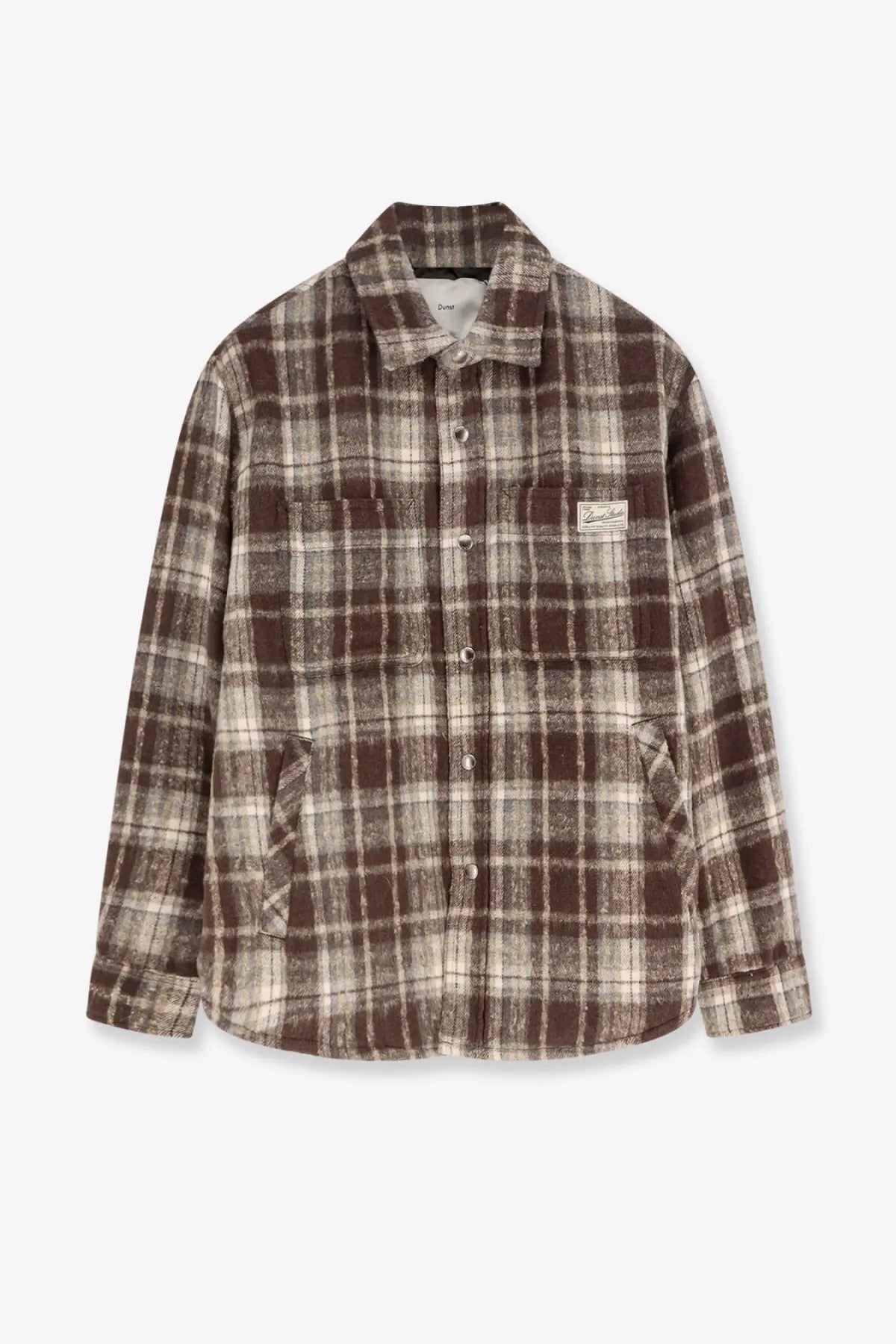 Brown and beige plaid flannel jacket with button-up front chest pockets and branded patch by dunst