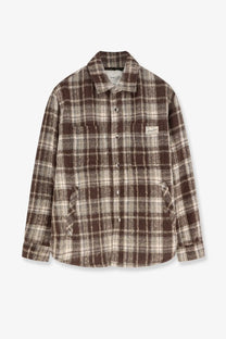Dunst unisex brown madras pattern plaid flannel jacket with button-up front chest pockets and branded patch