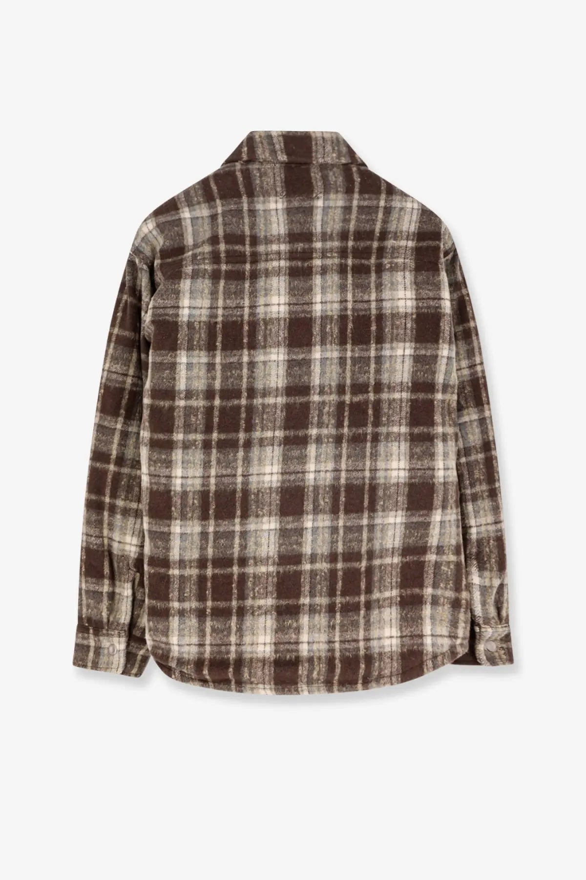 Dunst unisex madras pattern flannel jacket brown in soft textured brown and beige plaid flannel fabric