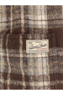 Brown and beige plaid flannel jacket with white dunst studio label featuring a unisex madras pattern design