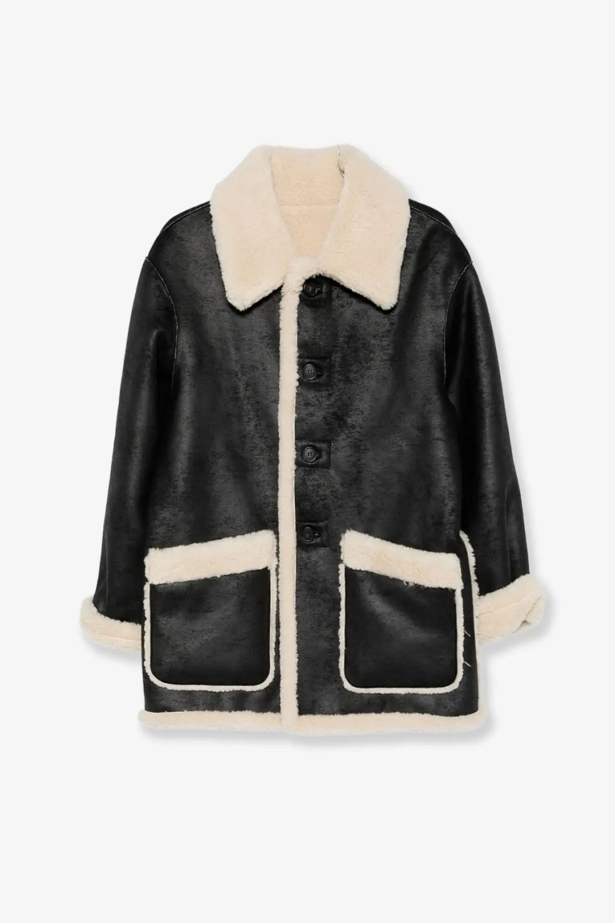 Dunst unisex reversible eco shearling jacket black with cream fur collar cuffs and front pockets trimmed in matching fur