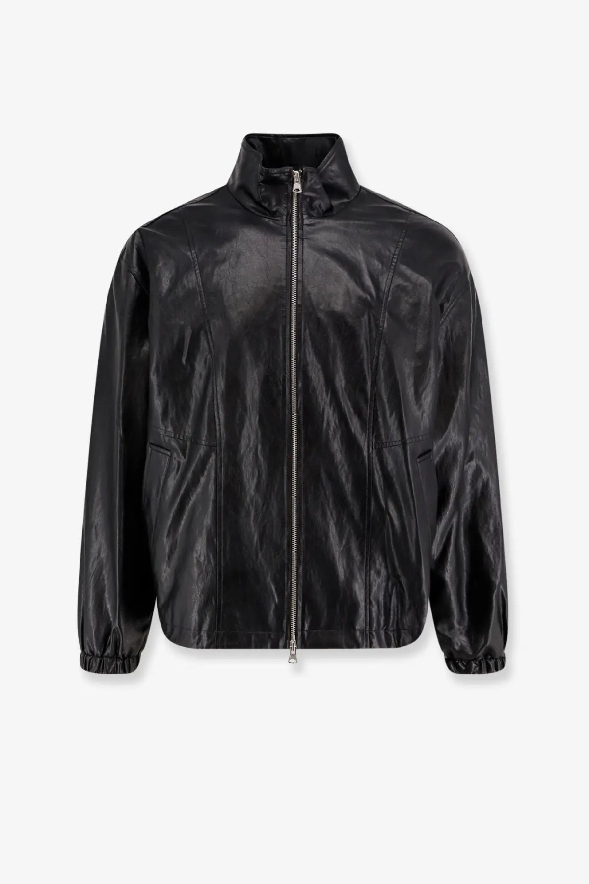 Dunst unisex vegan leather jacket black with high collar and silver zipper in faux leather bomber style