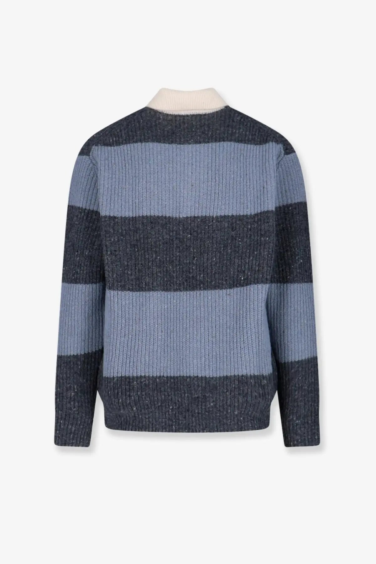 DUNST unisex wool blend sweater in navy blue and light gray stripes with ribbed knit and cream crew neck
