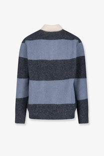DUNST unisex wool blend sweater in navy blue and light gray stripes with ribbed knit and cream crew neck