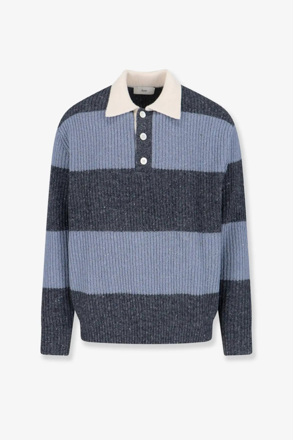 A men’s knitted DUNST unisex wool blend polo sweater in blue with horizontal stripes, cream collar, and white buttons
