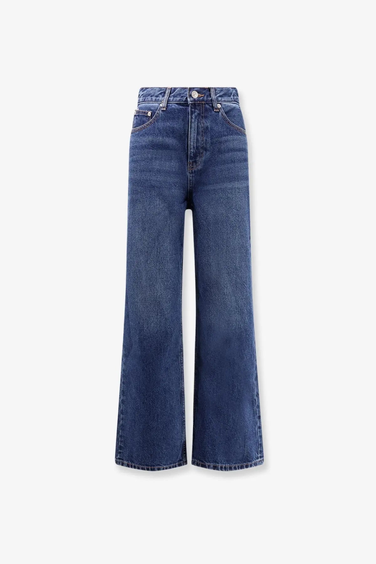 DUNST women’s blue denim jeans high-waisted wide-leg in medium blue wash with classic stitching and button closure