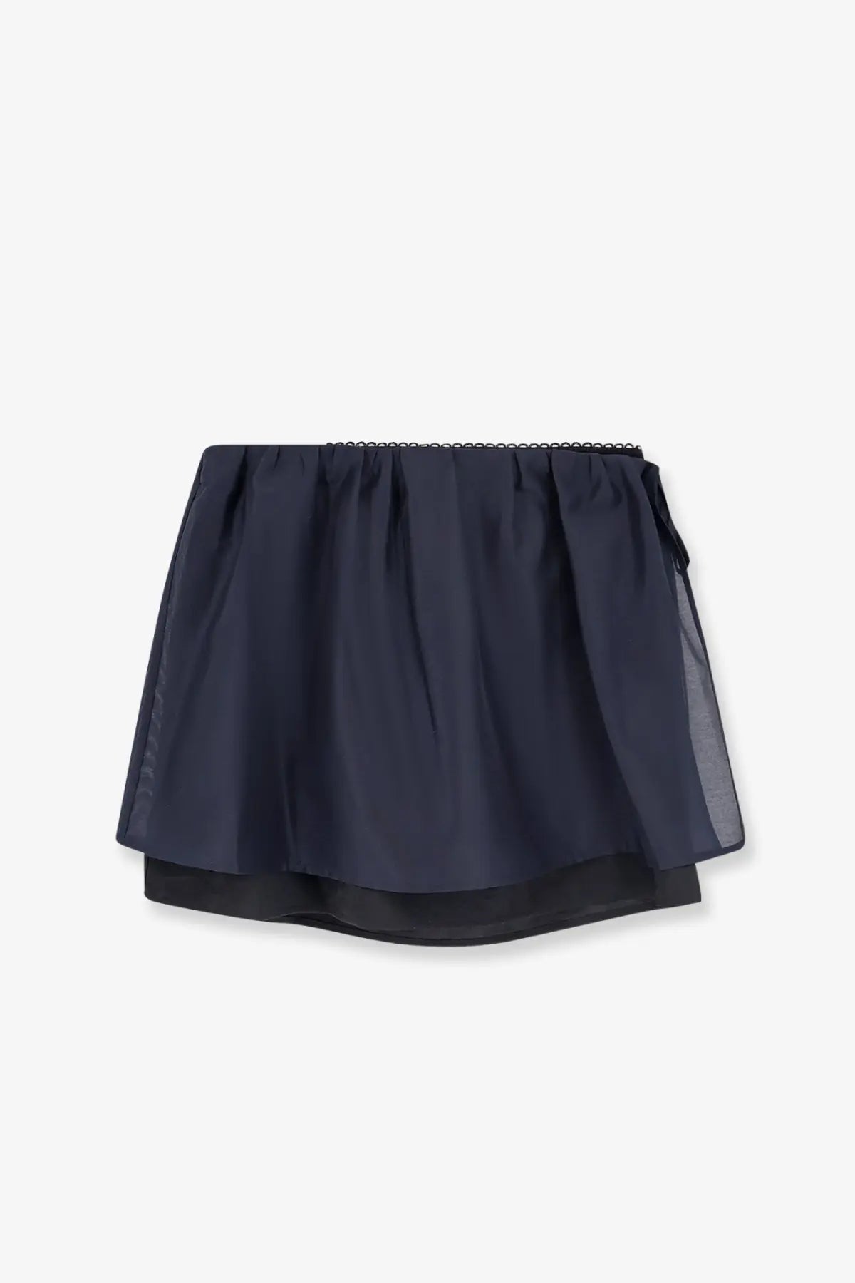 A navy blue dunst women’s layered volume mini skirt with sheer overlay and beaded trim along the waistband