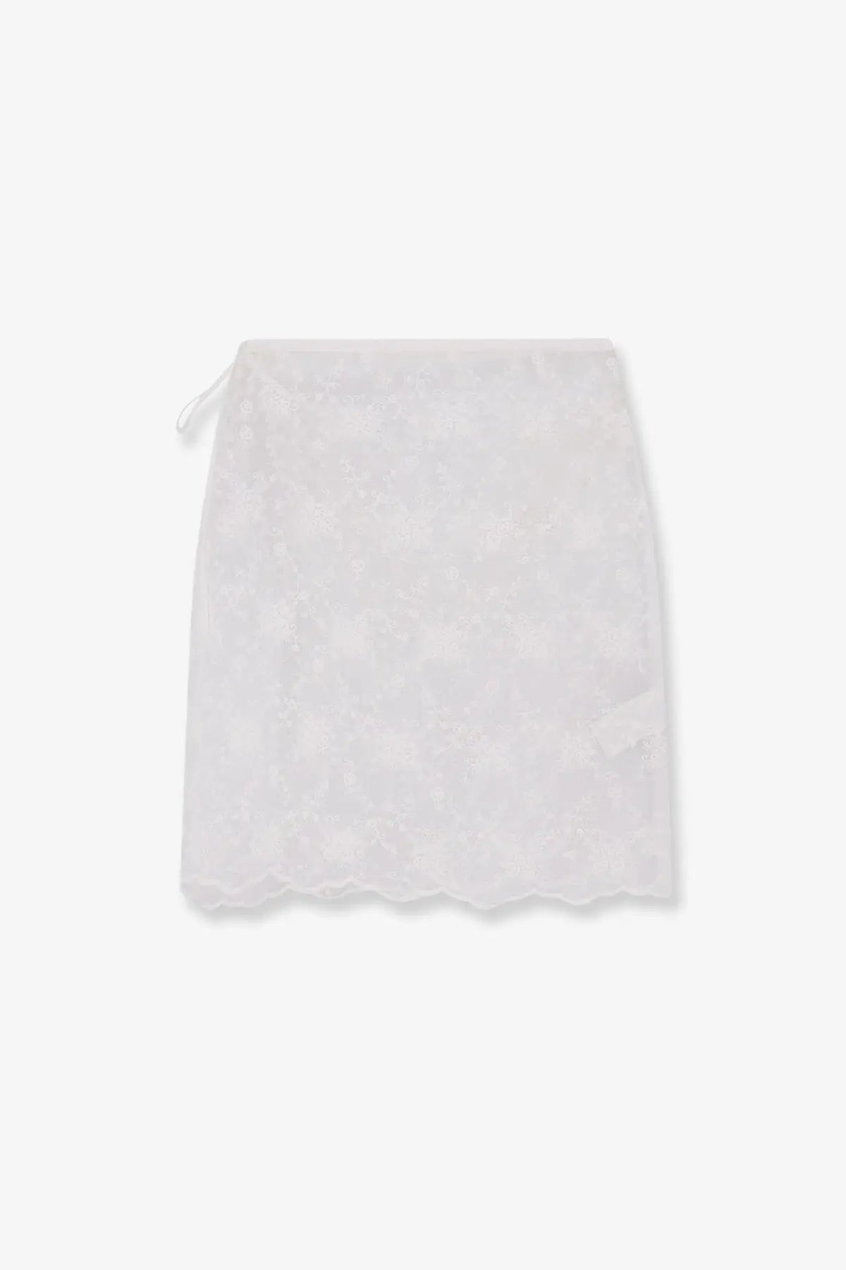 Dunst women’s white lace mini skirt with scalloped hem and drawstring waist for layering and needlework style