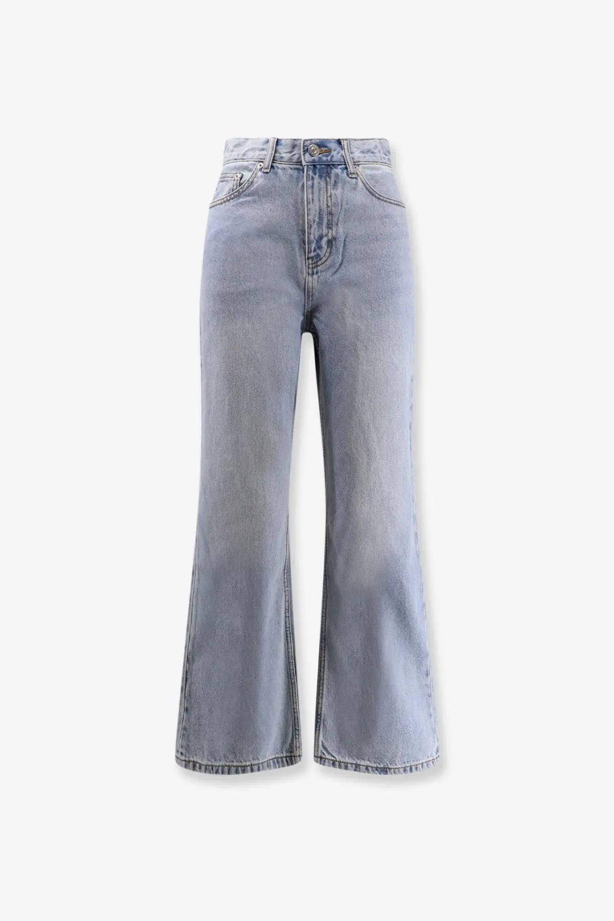 Light-wash DUNST women’s relaxed flared jeans with high-rise wide-leg cut in blue denim