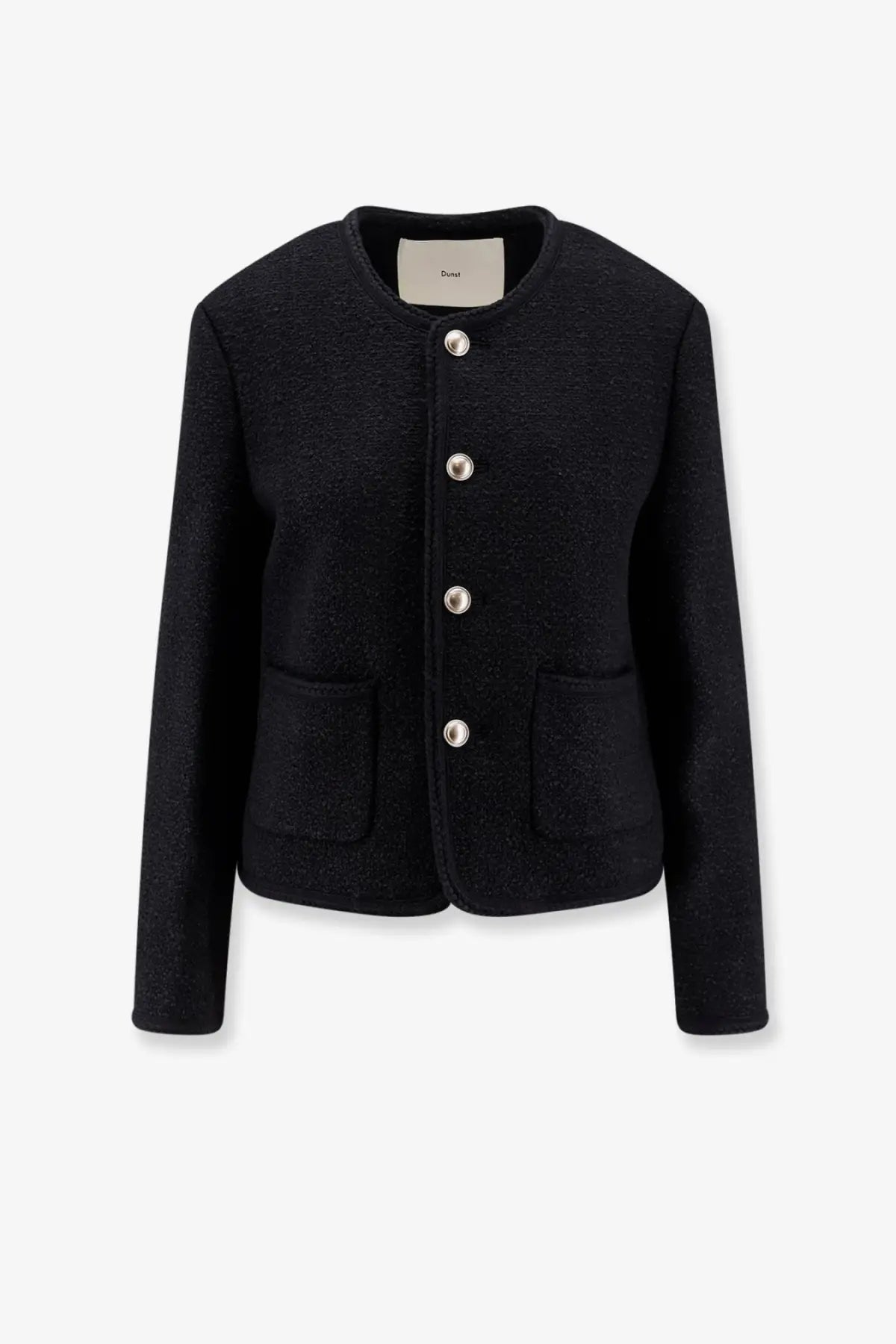 Dunst women’s unisex black bouclé tweed blazer with textured wool, silver buttons, and front pockets