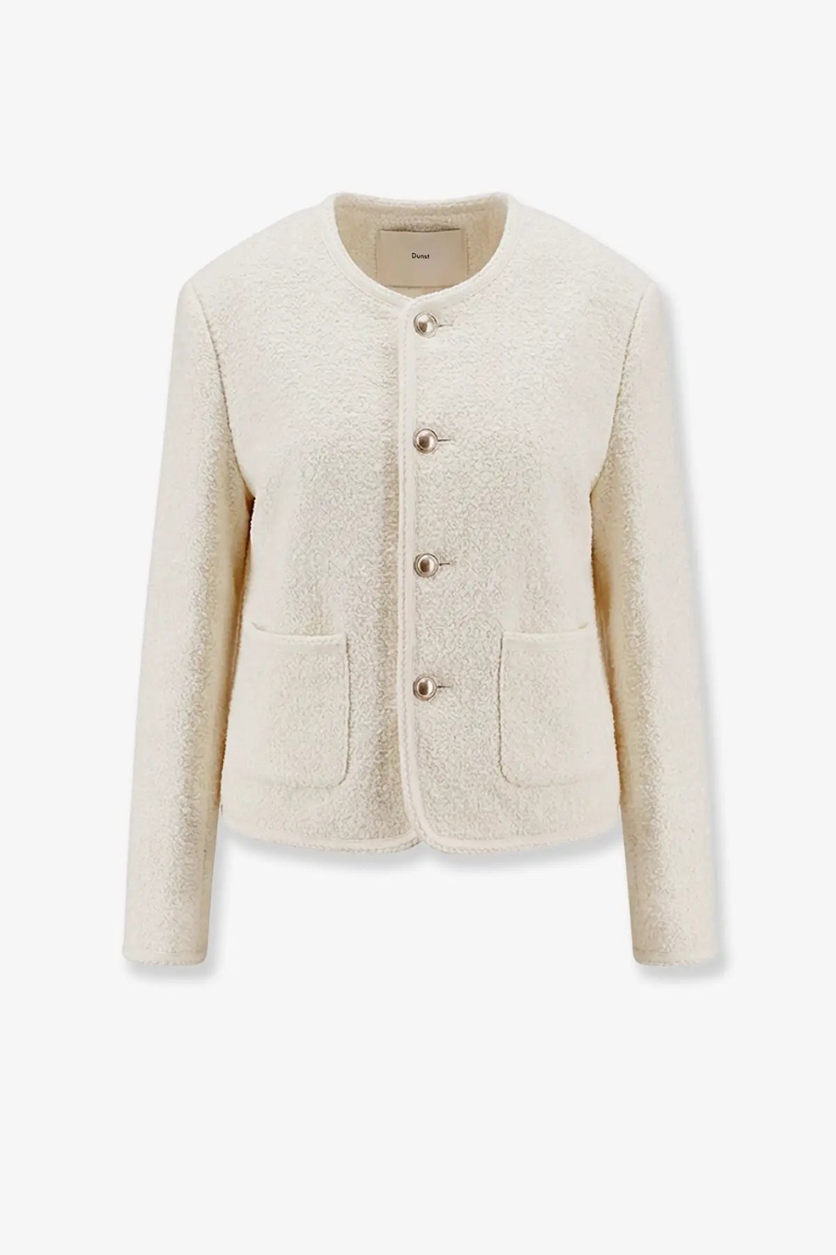 DUNST women’s unisex bouclé tweed blazer white cream wool blend with silver buttons and two front pockets