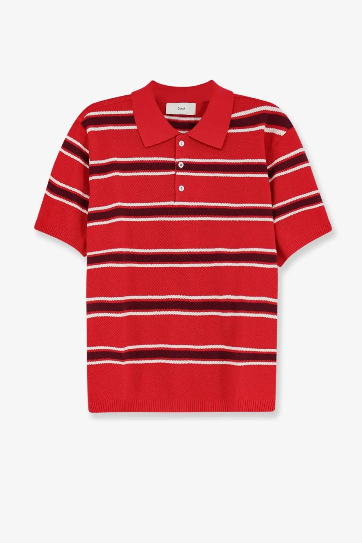 DUNST women’s unisex cotton polo shirt in red with white stripes ribbed collar short sleeves and three-button placket