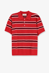 DUNST women’s unisex cotton polo shirt in red with white stripes ribbed collar short sleeves and three-button placket