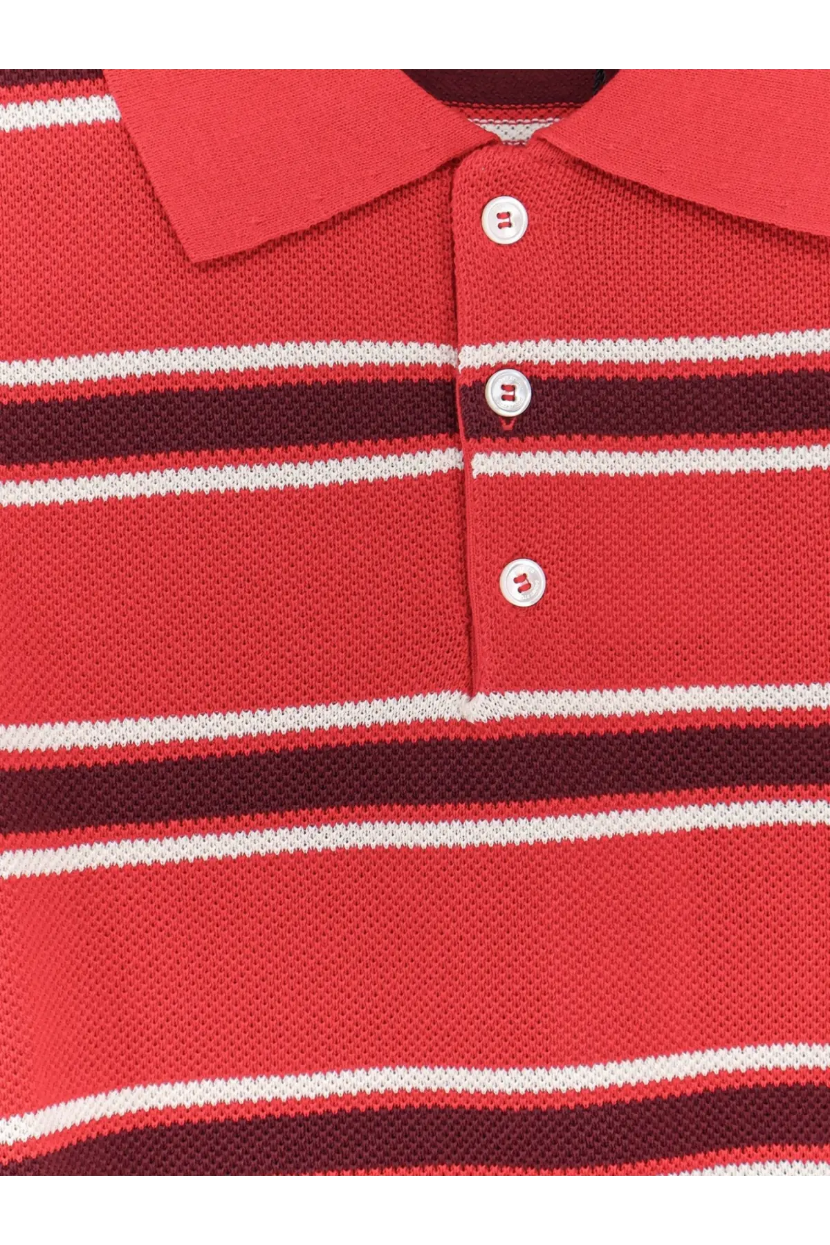 DUNST women’s unisex cotton polo shirt in red with white and dark red horizontal stripes and three-button placket