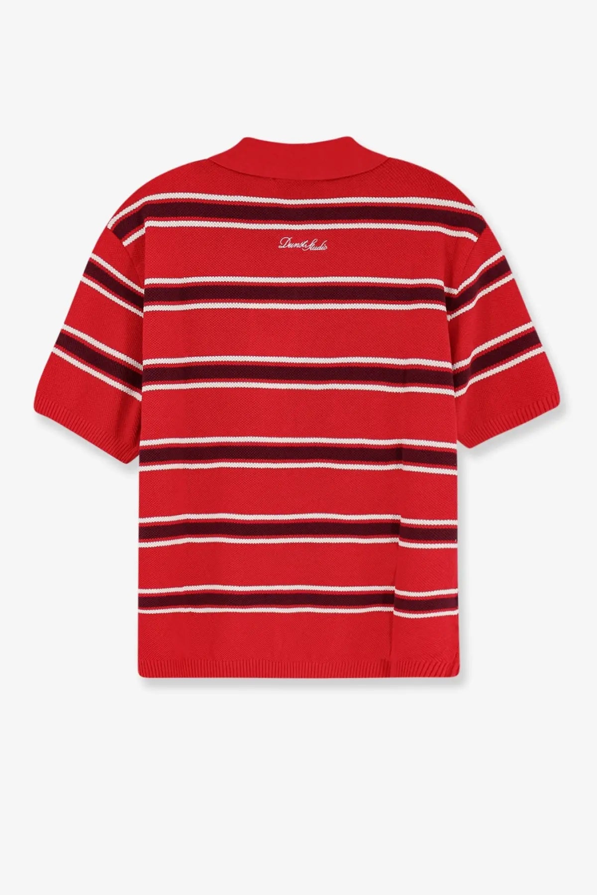 Back view of dunst women’s unisex red and white striped cotton knit polo shirt with ribbed collar and embroidered logo