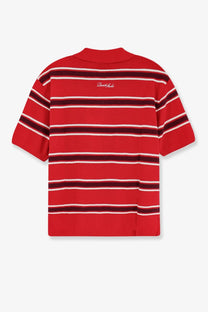 Back view of dunst women’s unisex red and white striped cotton knit polo shirt with ribbed collar and embroidered logo