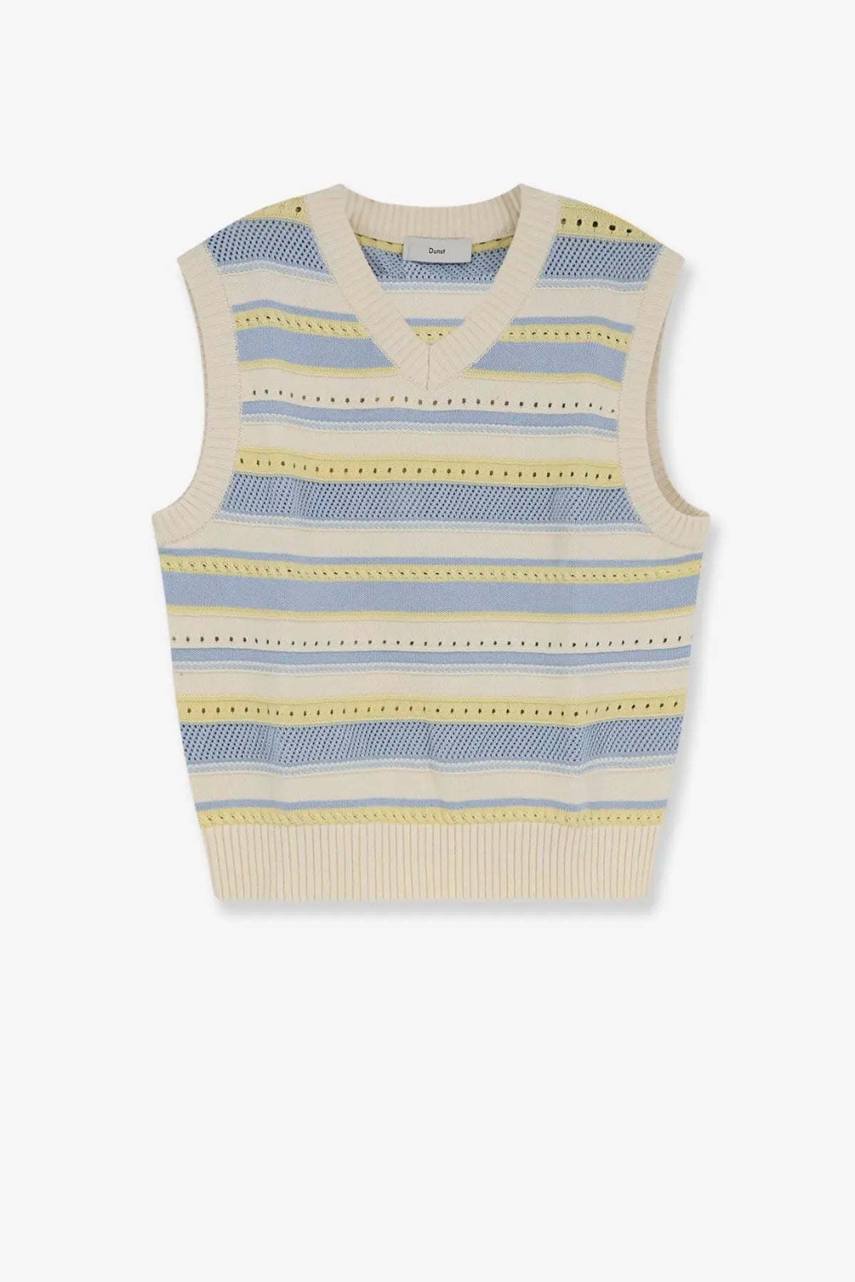 Dunst women’s unisex sleeveless cotton sweater white cream knit vest with blue and yellow horizontal stripes v-neck