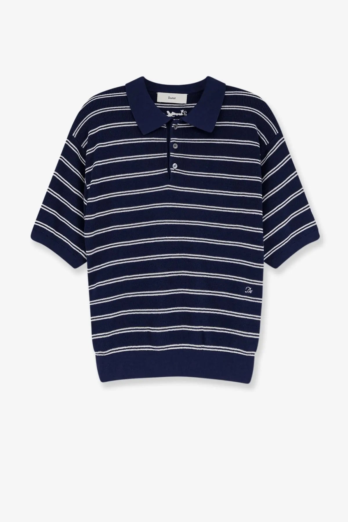 Dunst women’s unisex striped cotton blend polo shirt in navy blue and white with ribbed collar cuffs and hem