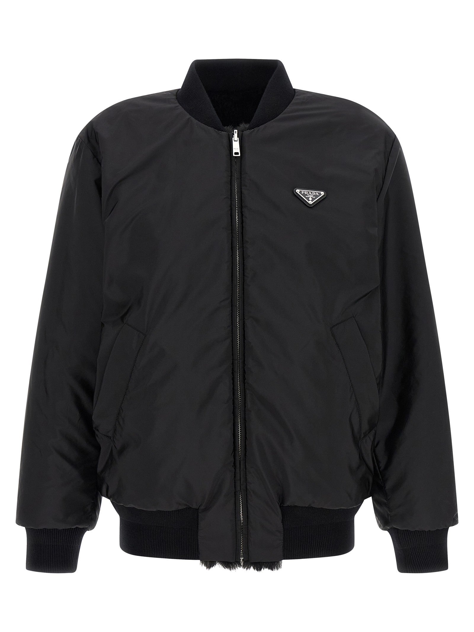 PRADA Eco Fur and Re Nylon Reversible Bomber Jacket Black