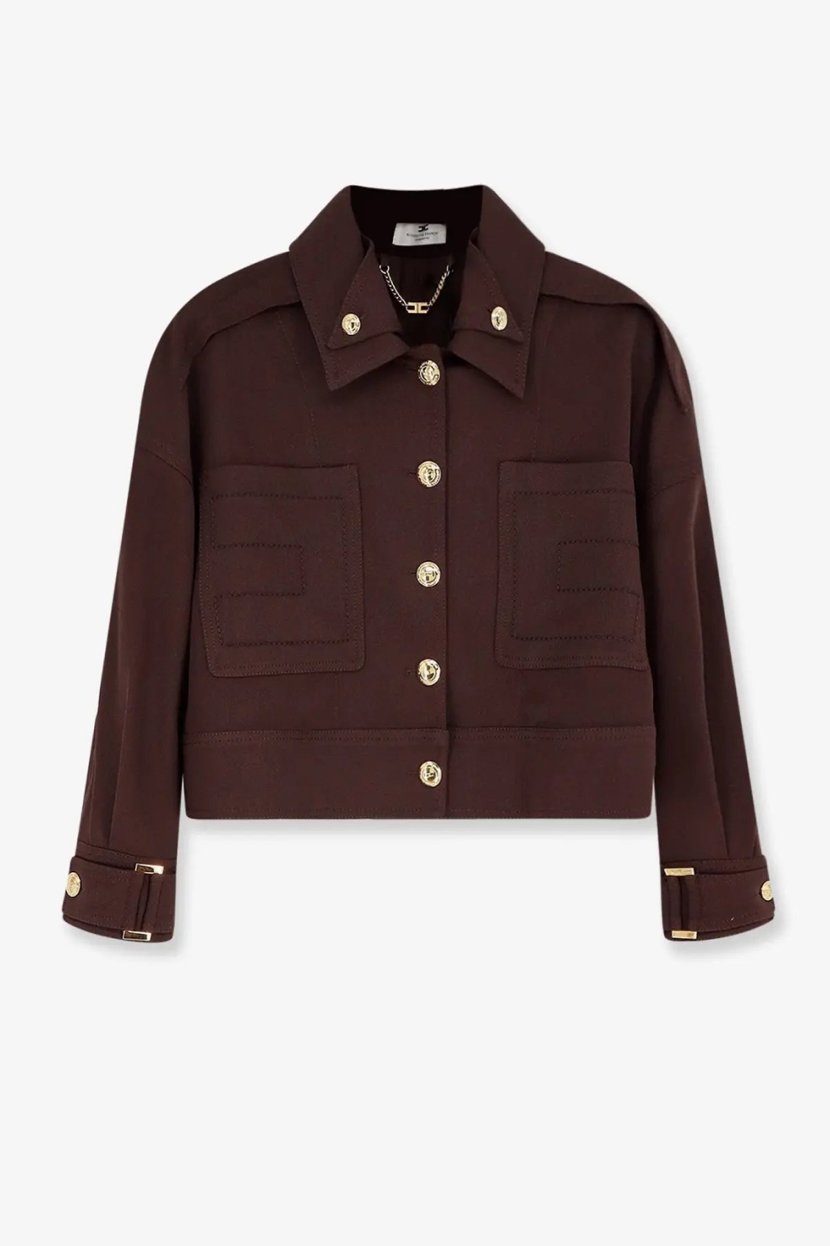 Elisabetta Franchi women’s dark brown cropped viscose jacket with gold-tone buttons flap pockets and structured collar