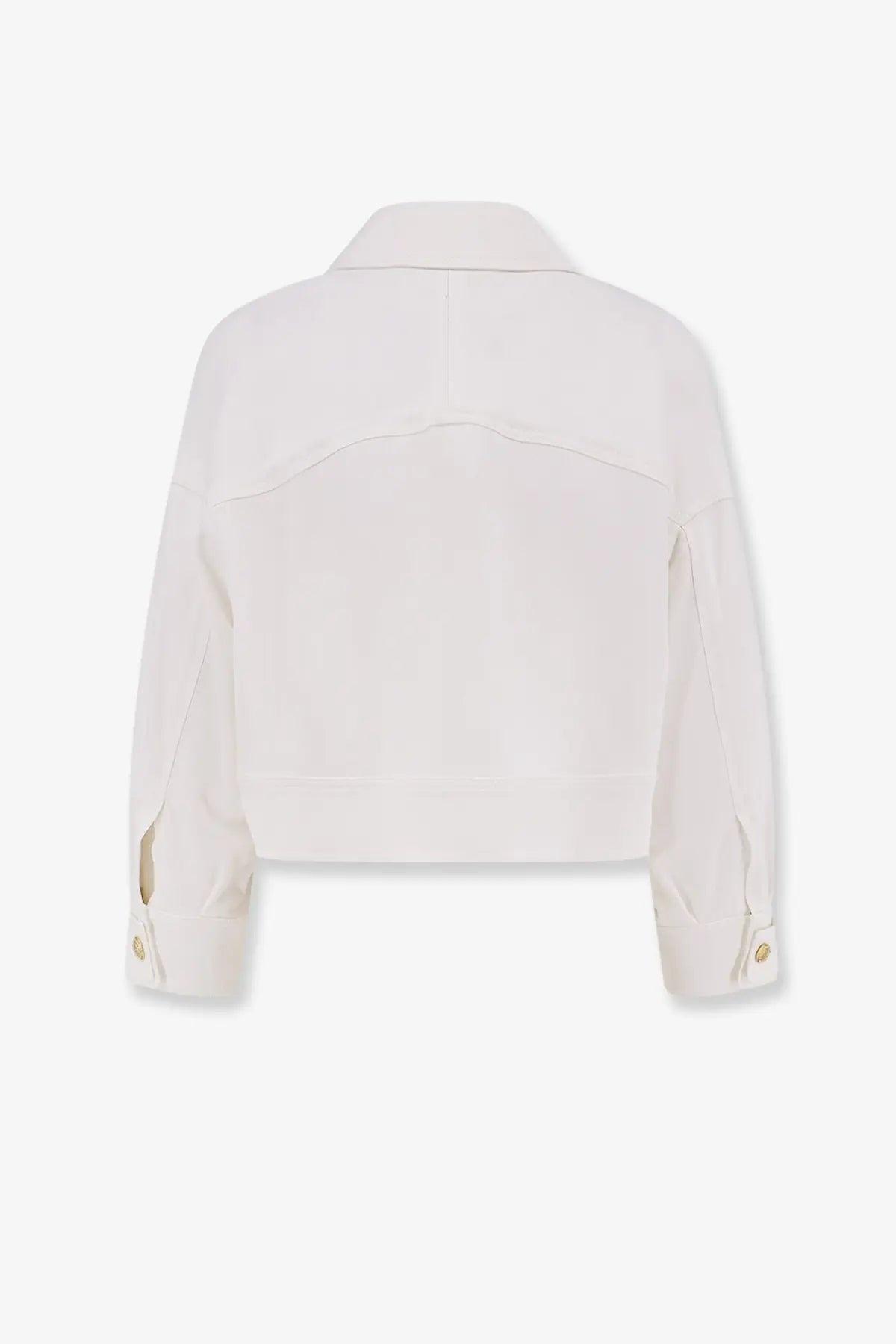 Elisabetta Franchi women’s cream cropped viscose denim jacket with gold-tone button cuffs and structured collar