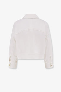 Elisabetta Franchi women’s cream cropped viscose denim jacket with gold-tone button cuffs and structured collar