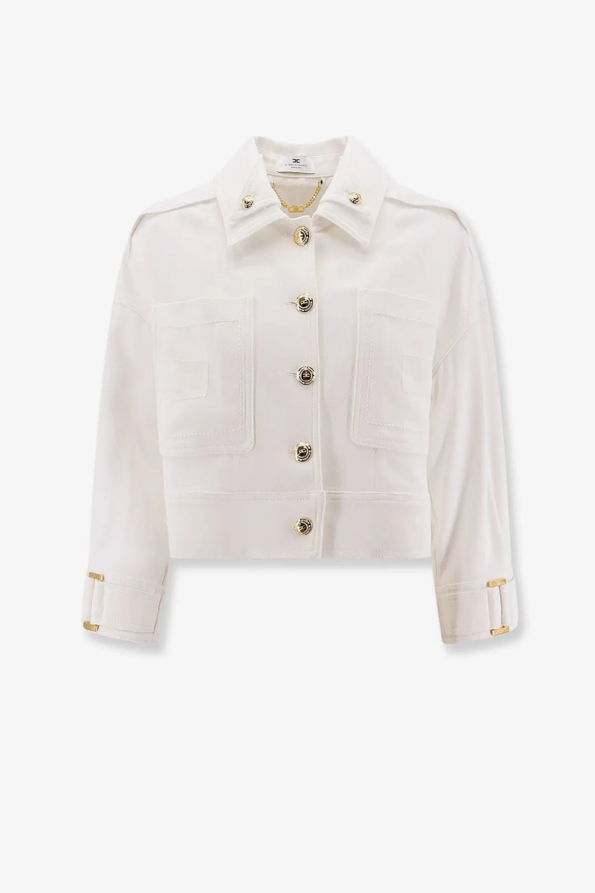 Elisabetta Franchi women’s white cropped viscose denim jacket with gold-tone buttons and flap pockets