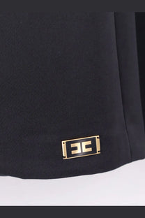 Elisabetta Franchi women’s daily satin mini dress in black with a rectangular gold-tone metal plaque embossed logo