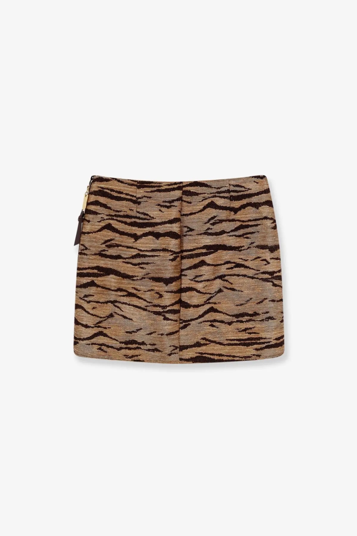 Elisabetta franchi women’s beige mini skirt with tan and black tiger stripes textured fabric and gold side zipper