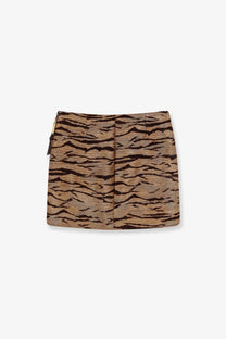 Elisabetta franchi women’s beige mini skirt with tan and black tiger stripes textured fabric and gold side zipper