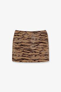 Elisabetta Franchi women’s beige embroidered mini skirt with textured brown and black tiger stripe pattern