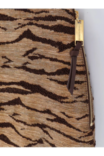 Tiger-print woven clutch with gold-tone zipper and brand tag paired with elisabetta franchi beige embroidered mini skirt