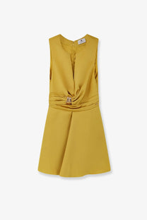 Elisabetta Franchi womens satin mini dress in yellow with sleeveless design draped waistband and metallic buckle accent