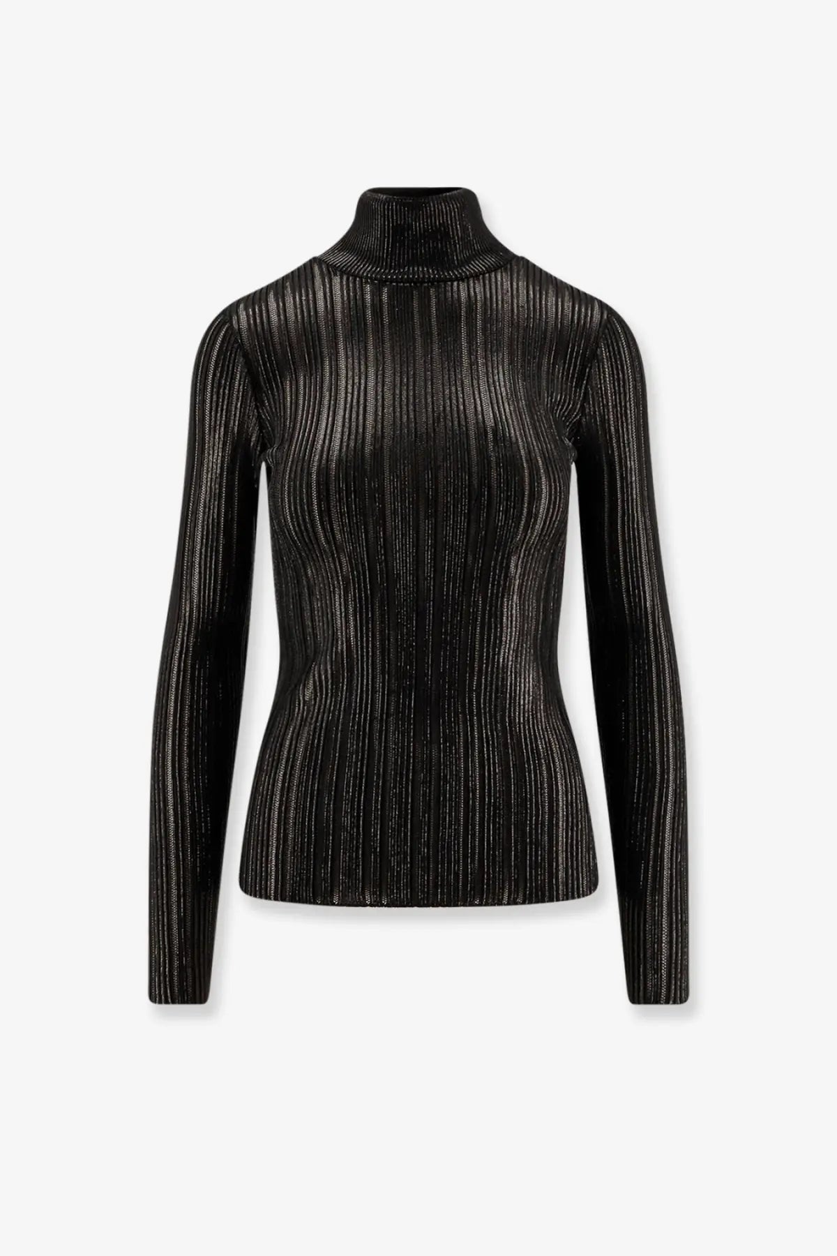 Elisabetta Franchi women’s black ribbed turtleneck sweater with subtle metallic shimmer fabric detail