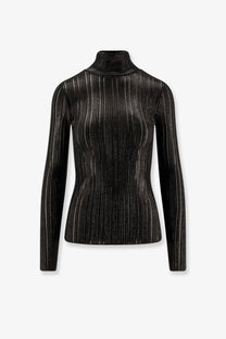 Elisabetta Franchi women’s black ribbed turtleneck sweater with subtle metallic shimmer fabric detail