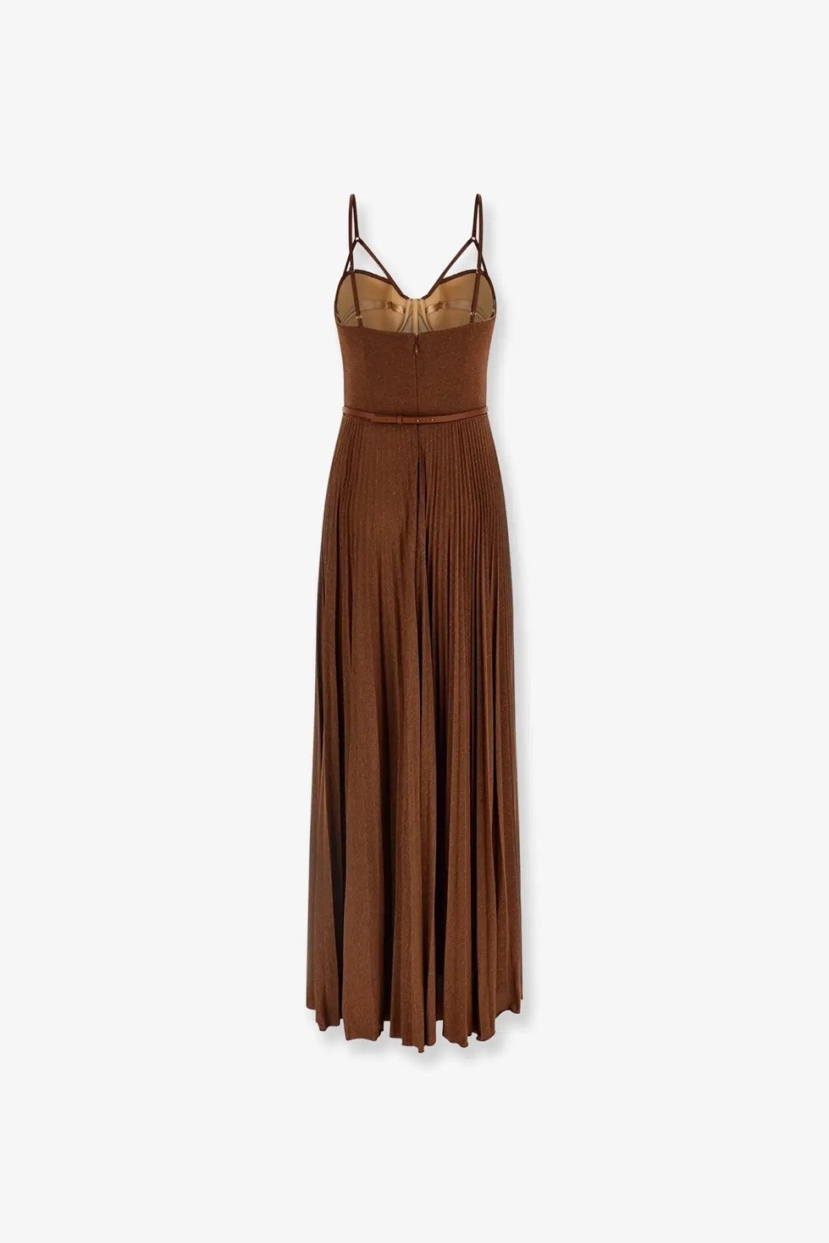 Elisabetta Franchi women’s beige laminated maxi dress with brown pleats fitted bodice and thin spaghetti straps