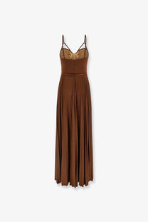 Elisabetta Franchi women’s beige laminated maxi dress with brown pleats fitted bodice and thin spaghetti straps