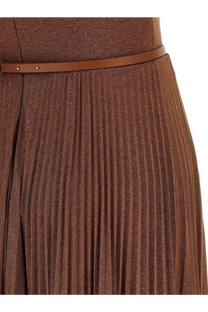 Brown pleated skirt with matching leather belt paired with elisabetta franchi beige laminated long dress front view