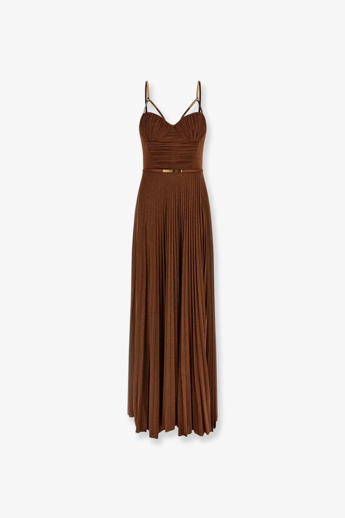 Elisabetta Franchi women’s red carpet laminated beige maxi dress with brown pleats gold-tone straps and metallic belt